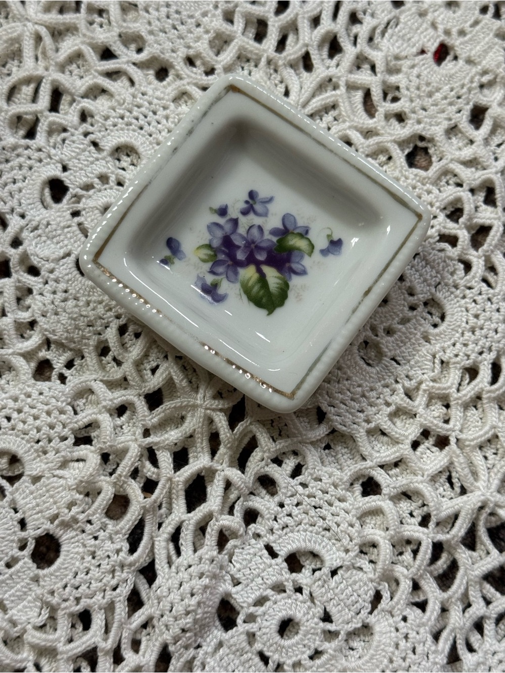 Vintage White Ceramic Square Dish with Purple Floral and Gold Trim